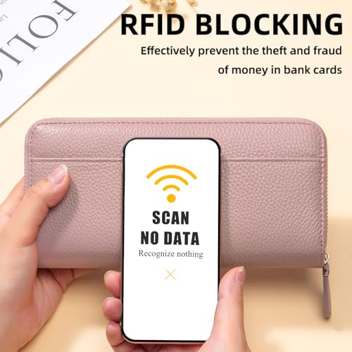 Image of RFID Blocking Womens Zipper Wallet Leather Large Capacity Billfold Clutch Zip Around Wallets for Women