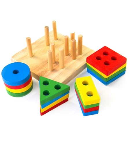Image of Wooden Angle Geometric Stacker Shape Sorter Blocks,Educational Intelligence Early Learning Column Puzzle Stacking Toy Set for Todder Kids Boys & Girls (Pack of 1, Multicolour, 16 Pieces).