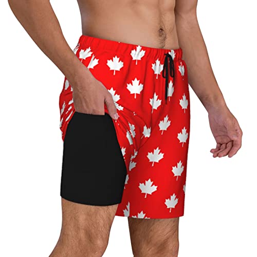 Mens Swim Trunks with Compression Lined Canada Flag Maple Leaf Quick Dry Swim Shorts