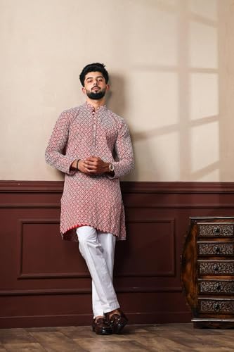 Image of LookMark Men's Printed Silk Blend Kurta with Mandarin Collar, Full Sleeves, Straight Fit Traditional Ethnic Wear