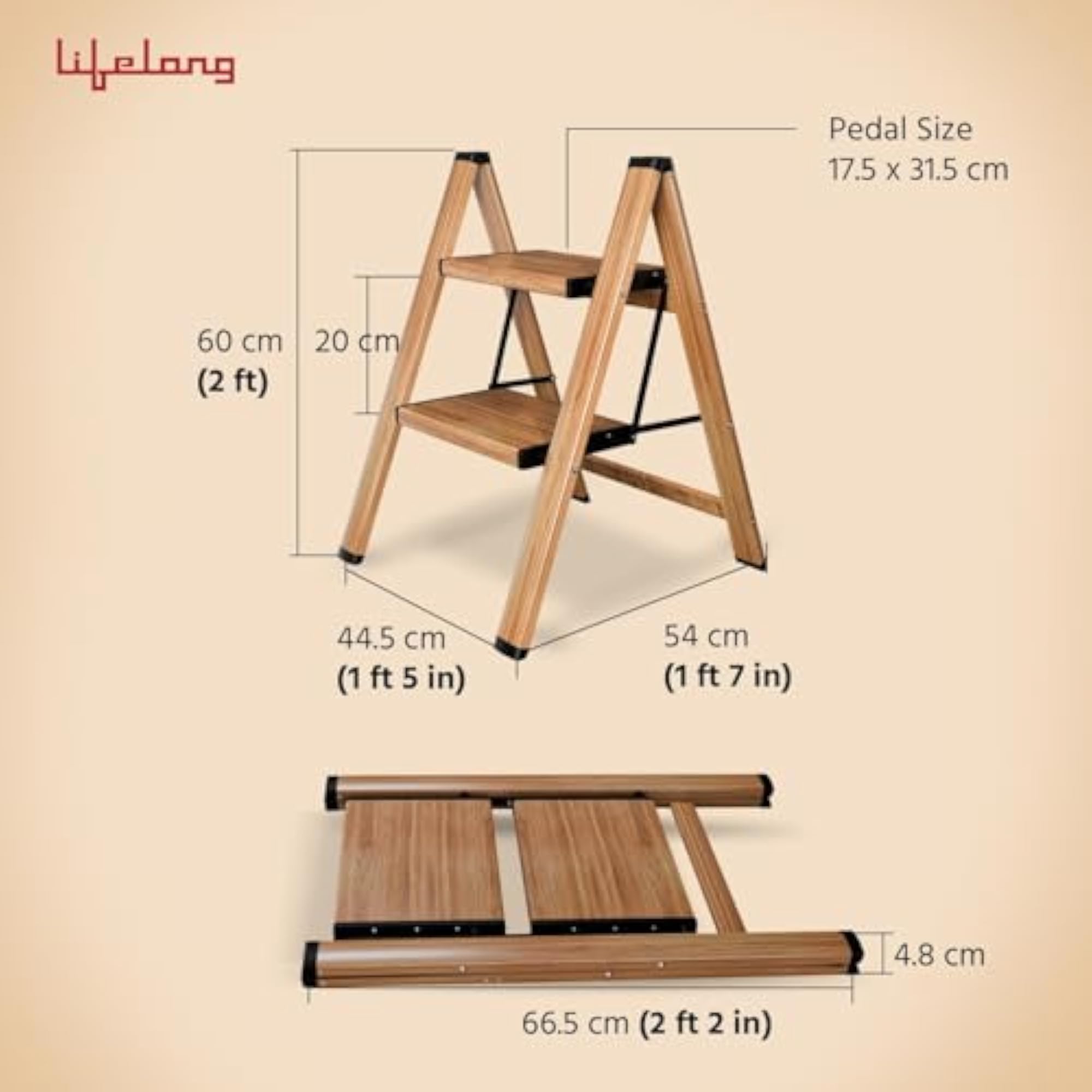 2 Steps Ladder for Home, Wooden Finish Coating