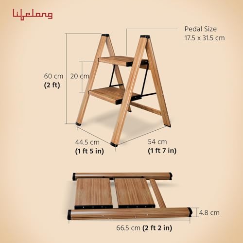 Image of Lifelong 2 Steps Ladder for Home, Wooden Finish Coating, Foldable & Portable Stairs, Versatile Use for Kitchen, Bathroom & Office Foot Stool -Multipurpose Two Step Stool with 150 Kg Capacity (LLSLW02)