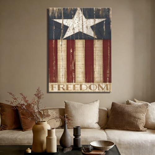 Image of Rustic Patriotic Freedom Flag Canvas Art 12x18in, Vintage American Flag Wall Decor, 4th of July Independence Day Framed Prints, Artwork for Home, Kitchen & Office, Made in USA