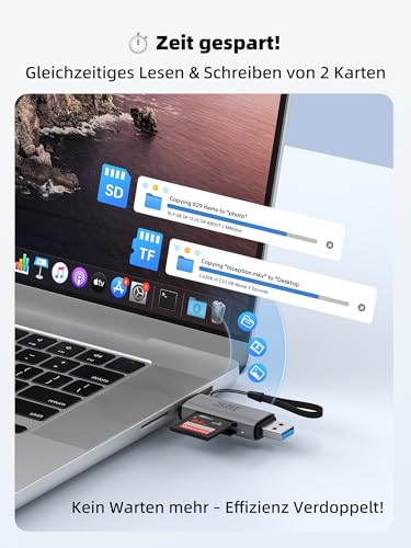 DSRKE SD Kartenleser, USB 3.0 & USB C Dual Stecker Kartenlesegerät SD Karten Adapter für SD/SDHC/SDXC/microSD | Kompatibel mit iPhone 17/16/15, MacBook, Android & Windows