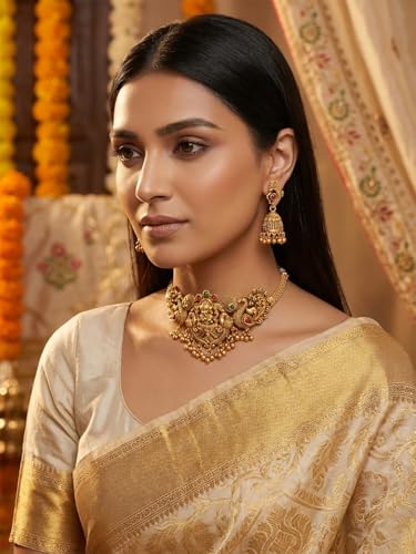 Image of BEVOGUE Exquisite Necklace Set for Women Stylish | Temple Jewellery Set for Women in Choker Style | South Indian Jewellery Set Traditional | Perfect Gifts for Woman