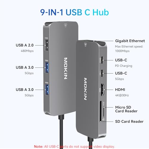 Image of USB C Adapters for MacBook Pro /Air,Mac Dongle with 3 USB Port,USB C to HDMI, USB C to RJ45 Ethernet,MOKiN 9 in 1 USB C to HDMI Adapter,100W PD Charging, USBC to SD /TF Card Reader USB C Hub