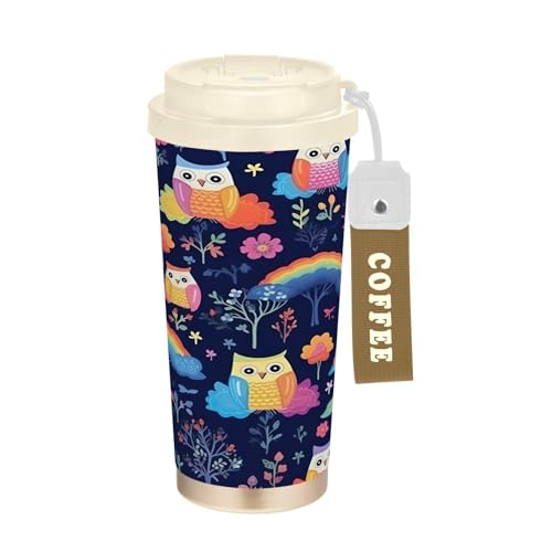Ewusp Cute Owls Rainbow Insulated Coffee Mug 500 ml Stainless Steel Travel Tumbler BPA Free Reusable Vacuum Double Wall Coffee Cup