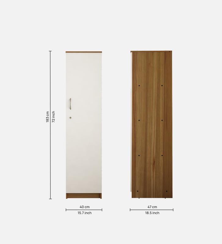 Image of Sonic Multipurpose 1-Door Wardrobe | Engineered Wood | 4 Spacious Shelves & Drawer | Lyon Teak & White Finish | Compact & Durable | Easy Knock-Down Assembly
