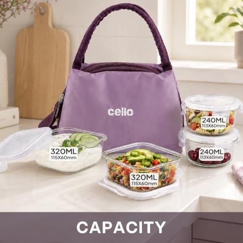 Image of CELLO Alba Glass Lunch Box with Bag for Office Use, Purple | 2 x 320ml Square + 2 x 240ml Round Microwave Safe Containers with Spoon & Fork, Fridge Safe Leak Proof Airtight Tiffin Box Set for Travel