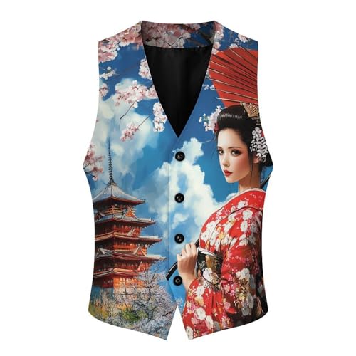 Japanese Kabuki Geisha Men's Suit Vests Dress Vest V-Neck Waistcoat Slim Business Formal with Pocket4