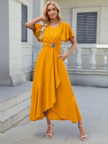 Image of QMZ Wedding Guest Dresses for Women V Neck Cocktail Dress Ruffle Sleeve A Line Evening Party Formal Dresses for Women