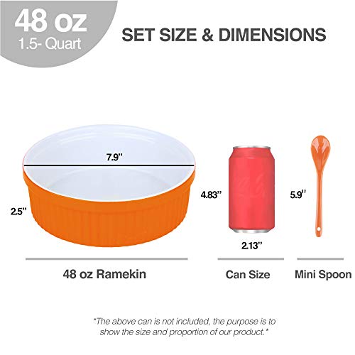 Souffle Dish Ramekins for Baking – 48 Oz, 1.5 Quart Large Ceramic Oven Safe Round Fluted Bowl with Mini Condiment Spoon for Soufflé Pot Pie Casserole Pasta Roasted Vegetables Baked Desserts (Orange) - Thumbnail 2