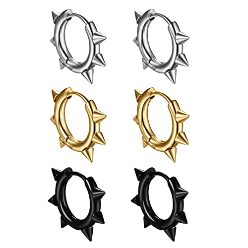 Aretes de aro punk de acero inoxidable con bisagras cómodas para cartílago gótico, 3 pares