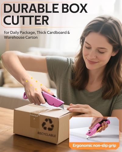 Image of VOTREK Box Cutter Utility Knife, 2-in-1 Safety Retractable Box Cutter for Women, Quick Change Razor Knife for Home, Office & DIY, Blade Storage Design, with Extra Sharp Razor & Hook Blades (Pink)