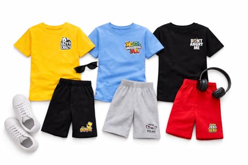 Image of Pack of 3 Boys T-Shirt Shorts Set | Summer Cotton Co-Ord Set | Half Sleeve Round Neck Printed Tees with Shorts | Casual Wear, Sports Wear, Night Suit Combo for Kids