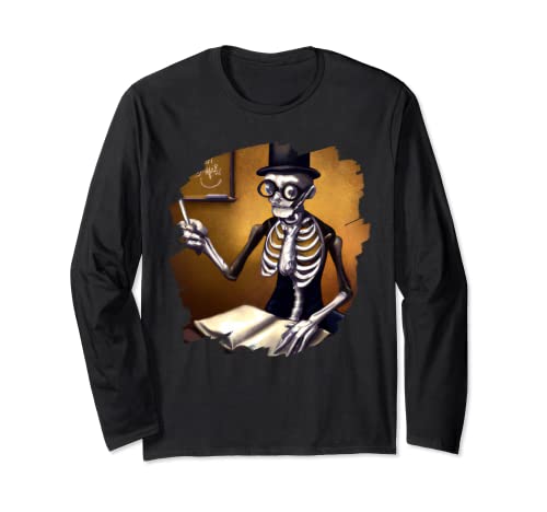 Lindo esqueleto divertido profesor profesor escuela Halloween Manga Larga