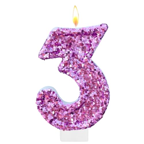 Purple Birthday Candles, Number 3 Candle for Cake, Glitter Purple Cake Topper Kpop Birthday Party Decorations Cupcake Topper Party Favors Decor Supplies
