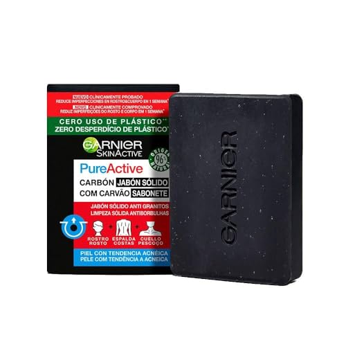 GARNIER Pure Active Jabón Sólido Anti Granitos Con Carbón Y Ácido Salicílico Para Rostro, Cuerpo Y Espalda, Cranberry, Lavanda, 110 g (Paquete de 1)