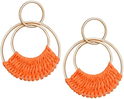 Raffia Hoop Earrings for Women Girls Fun Boho Summer Beach Earrings Handmade Straw Wicker Rattan Dangle Earrings Statement Geometric Round Drop Earrings Bohemian Jewelry, Orange
