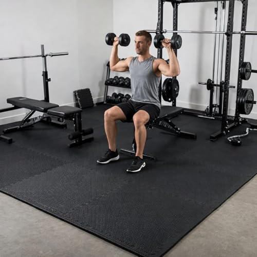 Image of EASY HOME Interlocking Gym Mats for Floor, Home Rubber Workout Mat, EVA Foam Exercise Mat- 60x60cm - 12mm Thick, Black (Pack of 12-48 Square Foot)