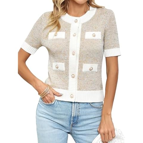 Langwyqu Womens Short Sleeve Button Down Cardigans Sweater Cropped Lightweight Crew Neck Elegant Tops Apricot Cover