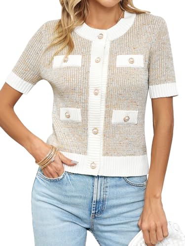 Langwyqu Womens Short Sleeve Button Down Cardigans Sweater Cropped