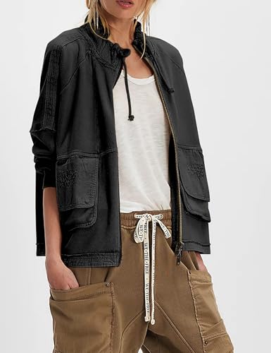 Women's Cropped Jackets Zipper Cardigan Adjustable Stand Collar Shacket Fall Outwear with Pokets4