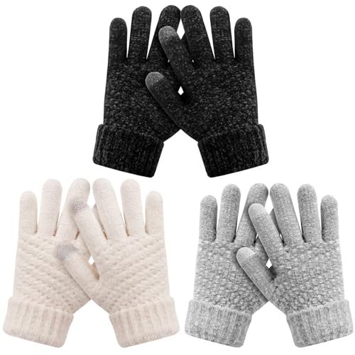 HAITHO Kinder Winter Handschuhe 3 Paar, Chenille Stricken mit Fleece Gefütterte Touchscreen Handschuhe für Teenager, Mädchen und Jungen 3-8 Jahre