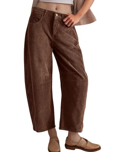 Flygo Womens Corduroy Pants Mid Rise Corduroy Barrel Pants Wide Leg Elastic Waist Cord Pants Casual Baggy Trousers
