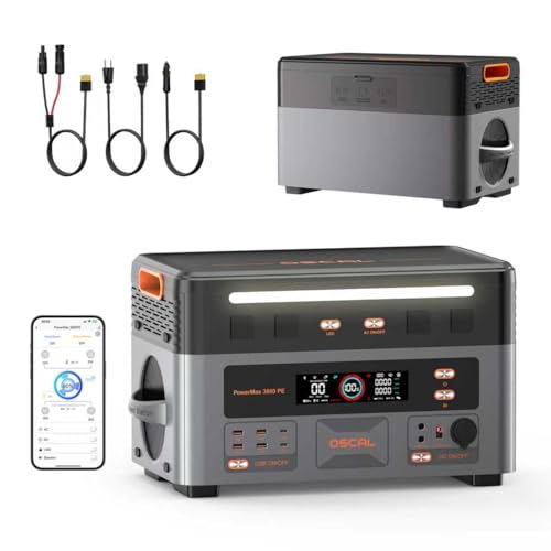 OSCAL 3600W (7200W Pico) Estación de Energia Portatil, 2160Wh Generador Solar, Carga Rápida 1h, Batería LiFePO4, UPS, 14 Puertos, Power Station para Camping, Caravana, Hogar, PowerMax 3600PE