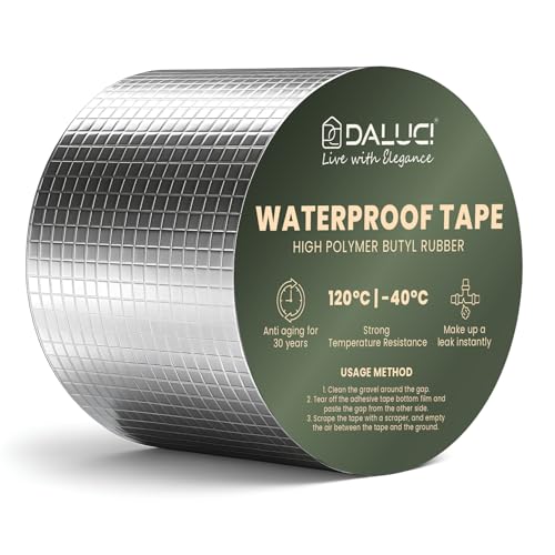 Image of DALUCI Super Strong Waterproof Butyl Tape for Leakage Repair - Self Adhesive Heavy Duty Aluminum Foil Tape for Roof Waterproofing, Water Leakage, Pipe, Wall & Tank Sealing (Silver, 4 Inch (10CM*5M))