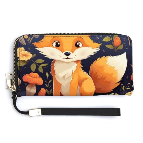 Cute Animal Fox Flower Wristlet Long Wallet Womens Purse Zip Clutch Large Capacity Leather Purse Credit Coin Purse