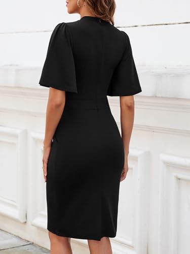 Image of Mokayee Womens Collar Ruffle Sleeve Bodycon Church Cocktail Pencil Midi Dresses with Pockets