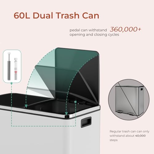 Image of 60L(16 Gal ) Dual Trash Can, Stainless Steel Kitchen Garbage Can, Double Compartment Classified Rubbish Bin, Recycle Dustbin w /Plastic Inner Buckets, Handle, Soft-Close Lid, Airtight (White)