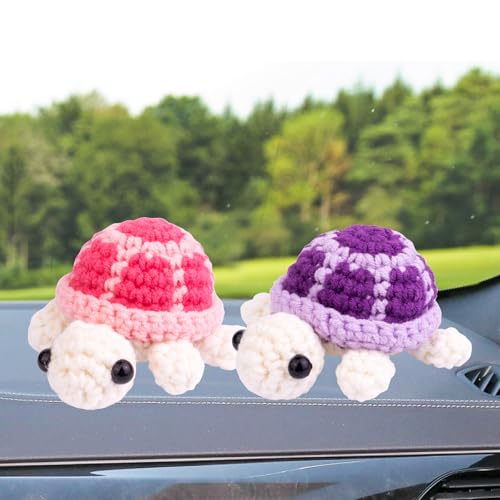 Image of Funny Crochet Turtle Doll, Handmade Emotional Support Knitting Wool Turtle Animal Gift Car Ornament with Positive Affirmation Card for Car Home Office(Purple)
