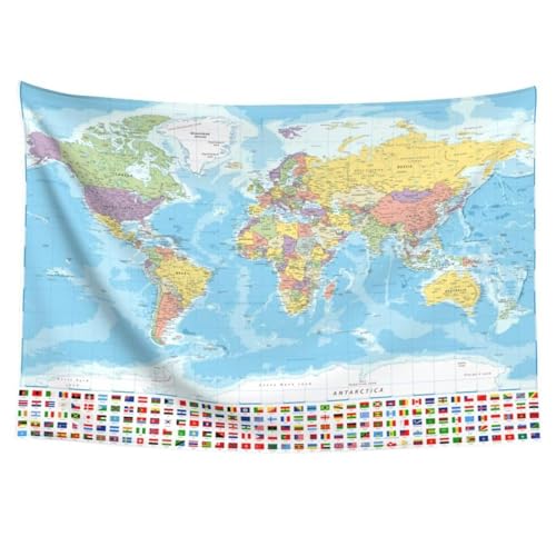 Tapiz de mapa del mundo para colgar en la pared, 59 x 39 pulgadas, tapiz de mapa educativo sin decoloración con países, ciudades principales y bandera nacional para colgar en la pared de la escuela