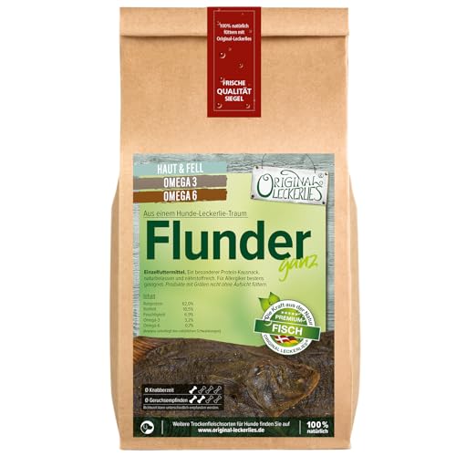 ORIGINAL LECKERLIES 10 Flundern ca. 400g Kauartikel, ganzer Fisch (20-30 cm) getrocknet, Fisch für grätenerfahrene Hunde, Kausnack ohne Zusätze, Naturprodukt für Hunde, barfen