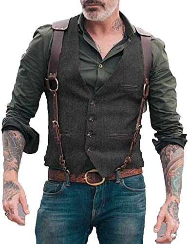 Solovedress Herren Elegant Anzug Weste V-Ausschnitt Casual Tweed Weste für die Hochzeit(Schwarz,L) Cover