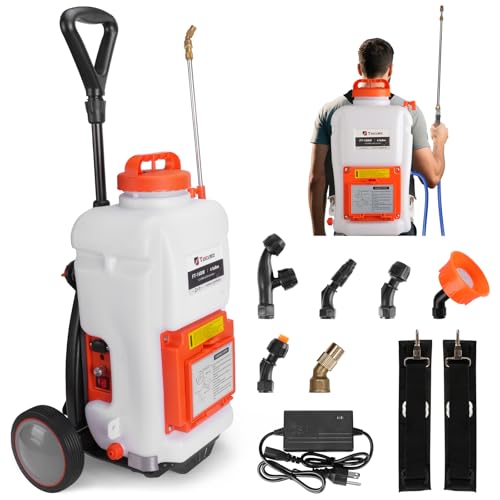 Toovem Battery Powered Backpack Sprayer 4 Gallon Electric Sprayer with Wheeled Cart Adjustable 0-94 PSI Backpack Garden Sprayer with 10FT Hose 6 Nozzles for Lawn Garden Yard