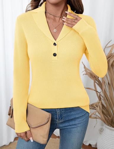 Image of LOMON Sweaters for Women 2025 Fall Knitted V-Neck Collared Button Pullover Dressy Casual Long Sleeve Polo Shirts Business