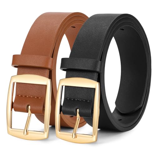WERFORU 2 Pack Women Leather Belts for Jeans Pants Fashion Leather Belts for Women Waistband with Gold Pin Buckle,A-Black+brown-gold buckle,S:Fit Waist Size 26"-30"