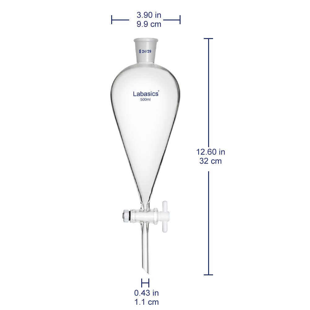 Labasics Vidrio Borosilicato 500 ml Embudo Separador Cónico de Pared Pesada con Juntas 24/29 y Llave de Paso de PTFE