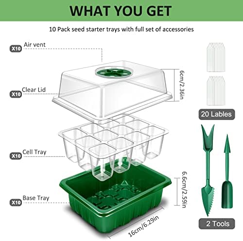 YAUNGEL Seed Trays, 10 Pack 120 Cells Propagator Growing Thicken Seedling Starter Growing Trays with Clear Lids/Adjustable Window for Greenhouse & Gardens, Green