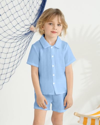 Image of Toddler Boy Clothes Little Kids Summer Outfits Short Sleeve Button Down Shirt Top Shorts Set 2 PCS Boy's Clothing
