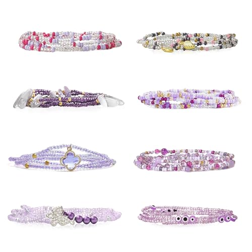 YARBAR Waist Beads Colorful Body Chain, Elastic Belly Waist Chain for Women, 8 Pieces