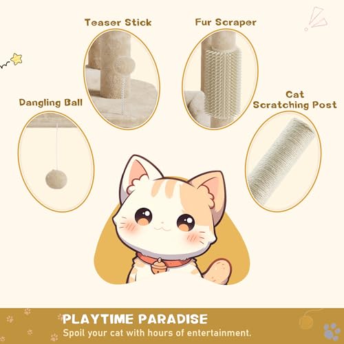 Image of Large Multi-Level Cat Tree, 66 Inches Tall Cat Tower with Scratching Posts, Condo, Hammock, Dangling Ball, and Extended Platform for Cats to Play and Sleep,Beige Cat Bed