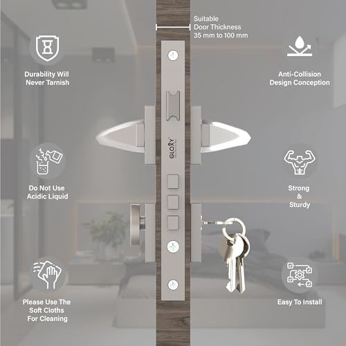 Image of GLOXY Brass Door Locks for Main Door, Door Lock for Bedroom, Mortise Door Lock Handle Set with 3 Brass Key for Home,Office,Hotel | Satin Matt Finish (2 Years Warranty, Pack of 1)