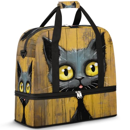 Black Art Cat Travel Duffle Bags With Shoes Compartment for Women Men Weekender Overnight Bag Foldable Sports Tote Gym Carry On Luggage Handlebag for Travel Yoga Hospital Workout
