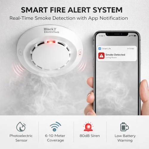 Image of Blackt Electrotech BT35W WiFi Smart Photoelectric Smoke Detector - Ceiling Mounted Fire Alarm with 80dB Siren with Smart Life App Alerts
