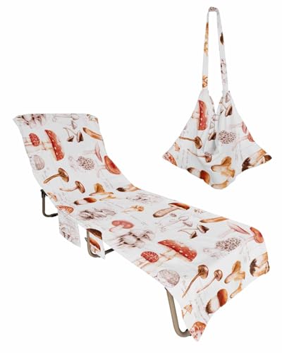 Brown Mushroom Beach Chair Cover with Side Pockets, Microfiber & Quick Dry Pool Chaise Lounge Chair Towels Covers for Sun Sunbathing Patio Garden Hotel, Spring Autumn Botanical Watercolor